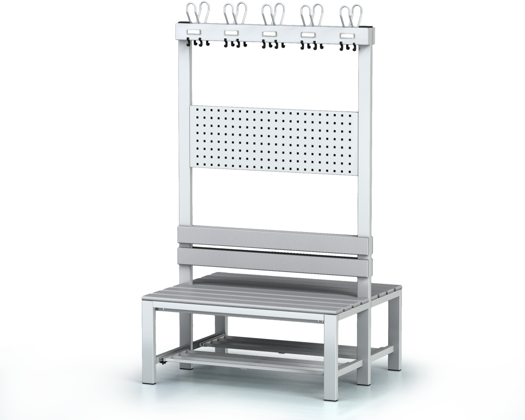 Oboustranná lavice s opěradlem a věšáky, PVC latě - se sklopným roštem 1800 x 1000 x 830